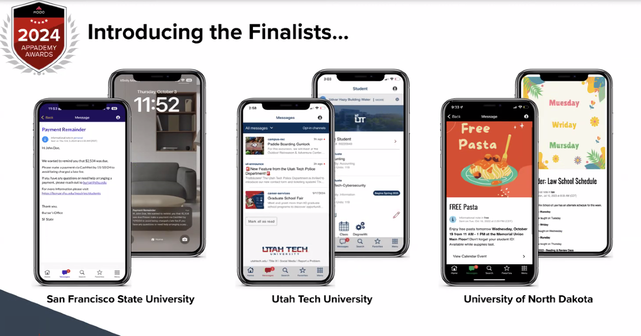 Universities Nominated for Best Use of Communications at the Appademy Awards. Nominees include: SF State, Utah Tech, and University of North Dakota 