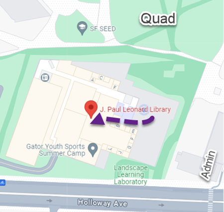 Map with arrow showing the Service Desk inside the Library room 360E